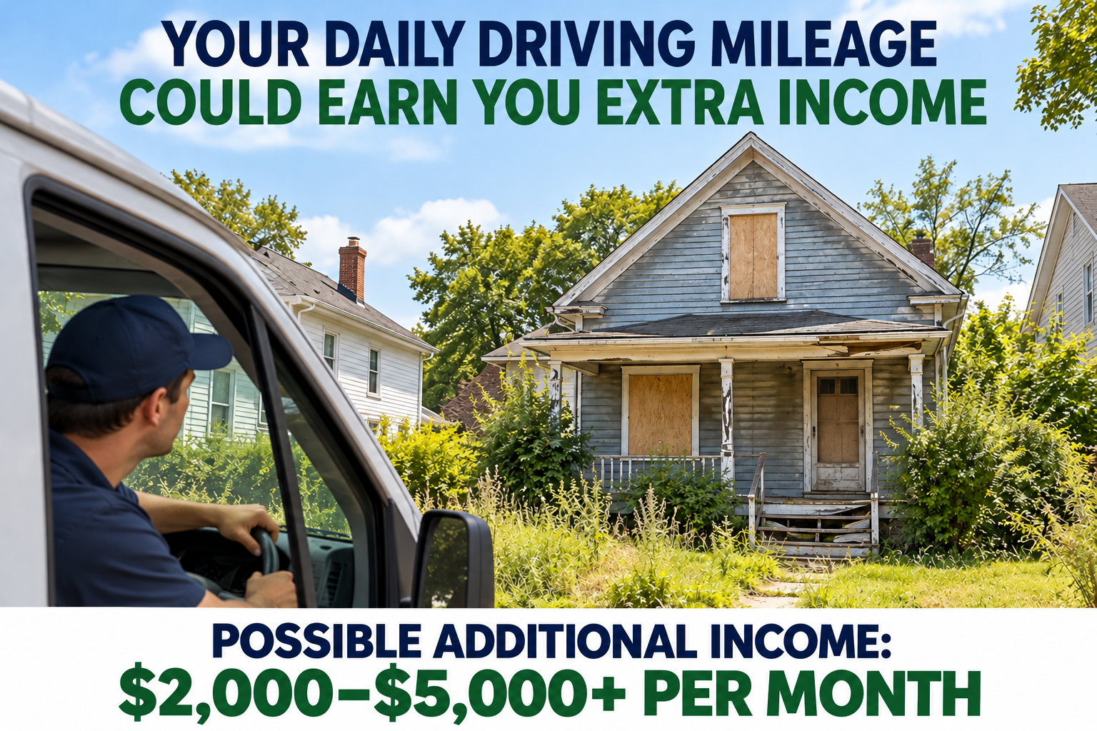 Delivery driver noticing a neglected house. Your daily driving mileage could earn you extra income. Possible additional income: $2,000–$5,000+ per month.